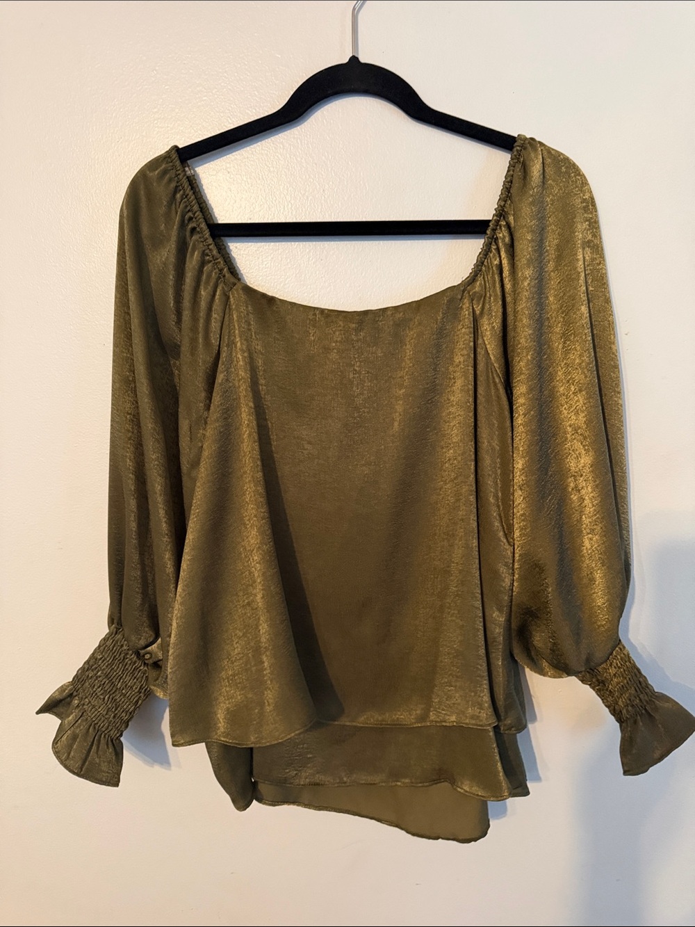 Olive Satin Square-Neck Peasant Blouse with Smocked Cuffs